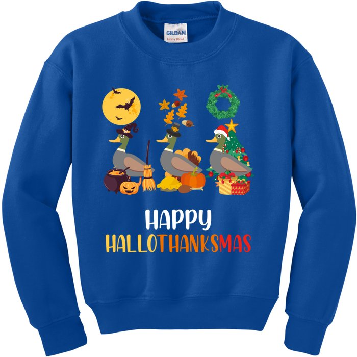 Duck Halloween And Merry Christmas Happy Hallothanksmas Gift Kids Sweatshirt