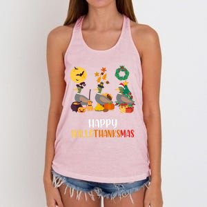 Duck Halloween And Merry Christmas Happy Hallothanksmas Gift Women's Knotted Racerback Tank