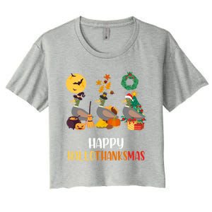 Duck Halloween And Merry Christmas Happy Hallothanksmas Gift Women's Crop Top Tee