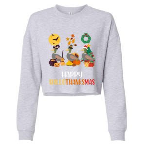 Duck Halloween And Merry Christmas Happy Hallothanksmas Gift Cropped Pullover Crew