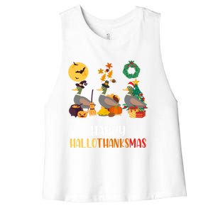 Duck Halloween And Merry Christmas Happy Hallothanksmas Gift Women's Racerback Cropped Tank