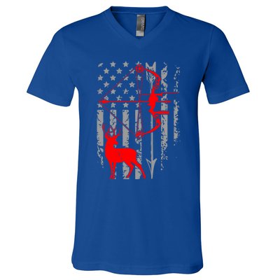 Deer Hunting American Flag Bow Hunting Patriotic Hunters Gift V-Neck T-Shirt