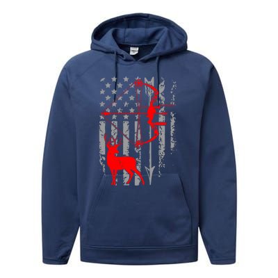 Deer Hunting American Flag Bow Hunting Patriotic Hunters Gift Performance Fleece Hoodie