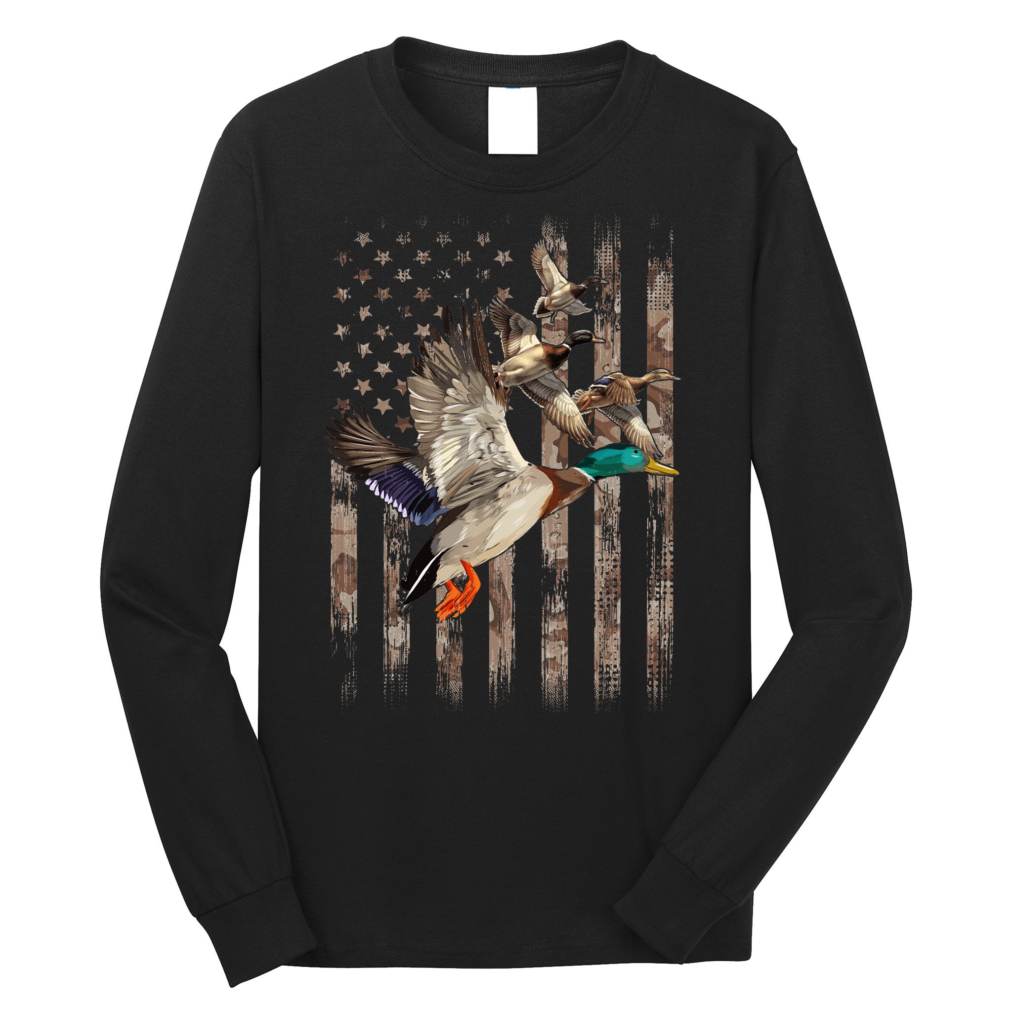 Duck Hunter American Flag Waterfowl Hunting Camouflage Long Sleeve Shirt