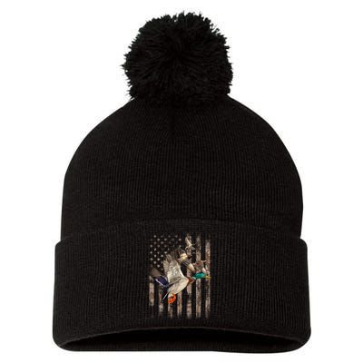 Duck Hunter American Flag Waterfowl Hunting Camouflage Pom Pom 12in Knit Beanie