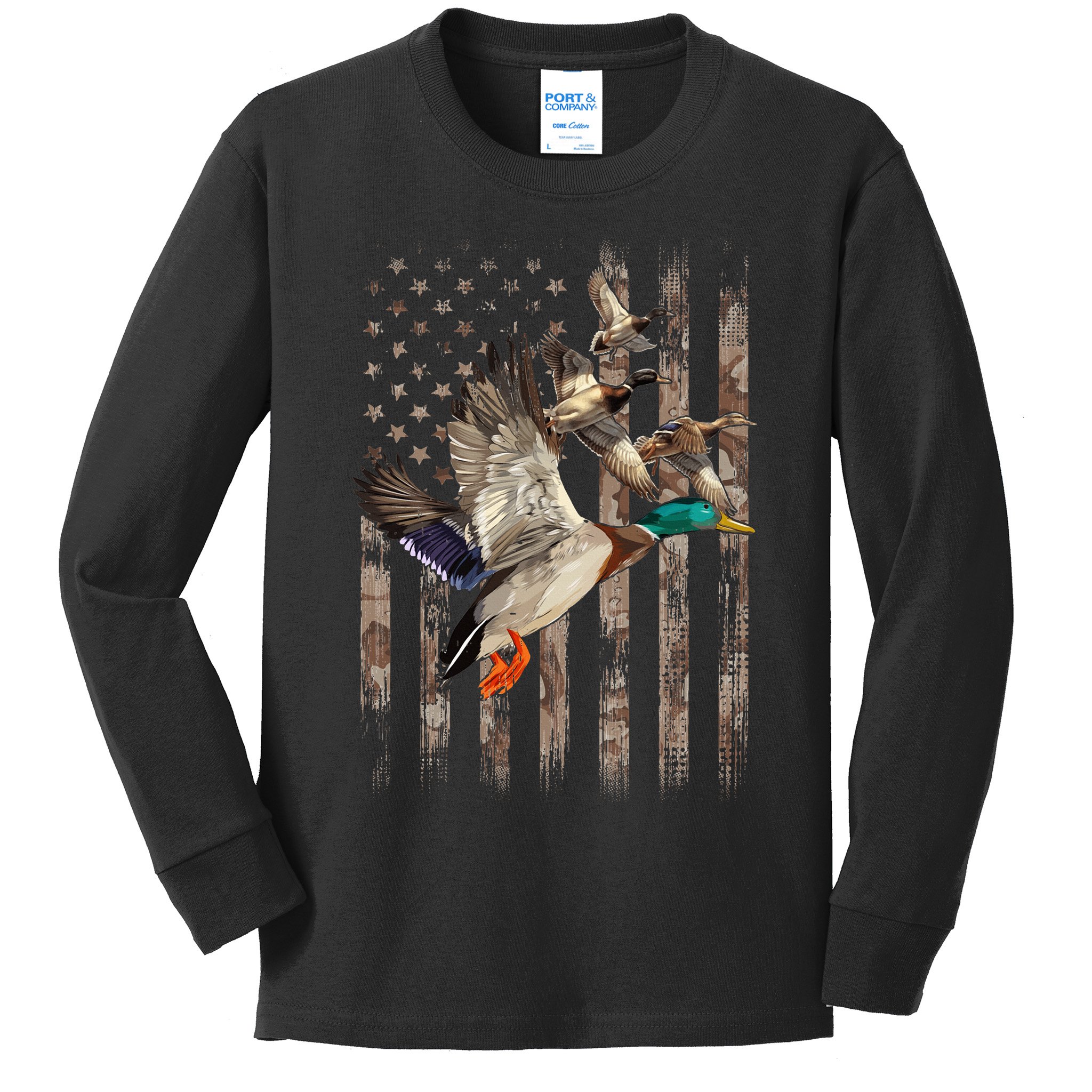 Duck Hunter American Flag Waterfowl Hunting Camouflage Kids Long Sleeve Shirt