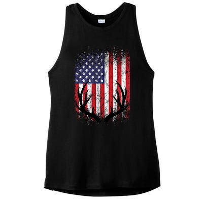 Deer Hunting American Flag Whitetail Buck Antlers Meaningful Gift Ladies PosiCharge Tri-Blend Wicking Tank