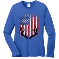 Deer Hunting American Flag Whitetail Buck Antlers Meaningful Gift Ladies Long Sleeve Shirt