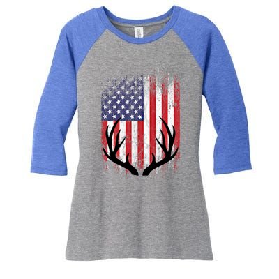 Deer Hunting American Flag Whitetail Buck Antlers Meaningful Gift Women's Tri-Blend 3/4-Sleeve Raglan Shirt