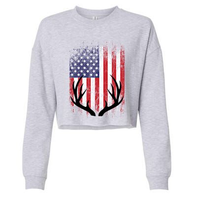 Deer Hunting American Flag Whitetail Buck Antlers Meaningful Gift Cropped Pullover Crew