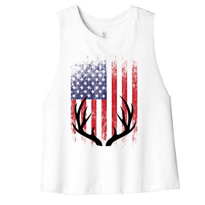 Deer Hunting American Flag Whitetail Buck Antlers Meaningful Gift Women's Racerback Cropped Tank