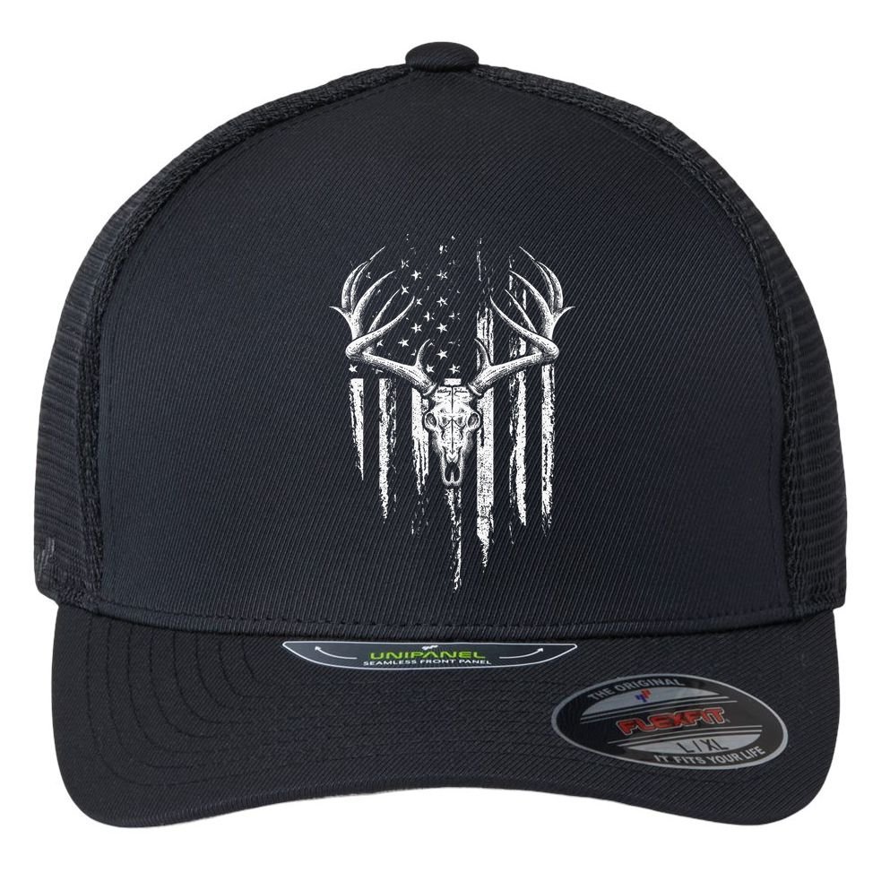 Deer Hunting American Flag Bowhunting Whitetail Bow Hunter Flexfit Unipanel Trucker Cap