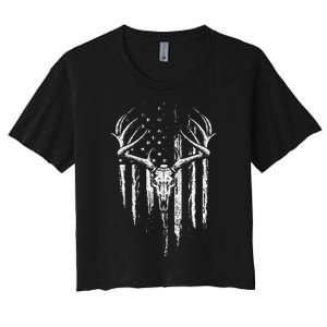 Deer Hunting American Flag Bowhunting Whitetail Bow Hunter Women's Crop Top Tee