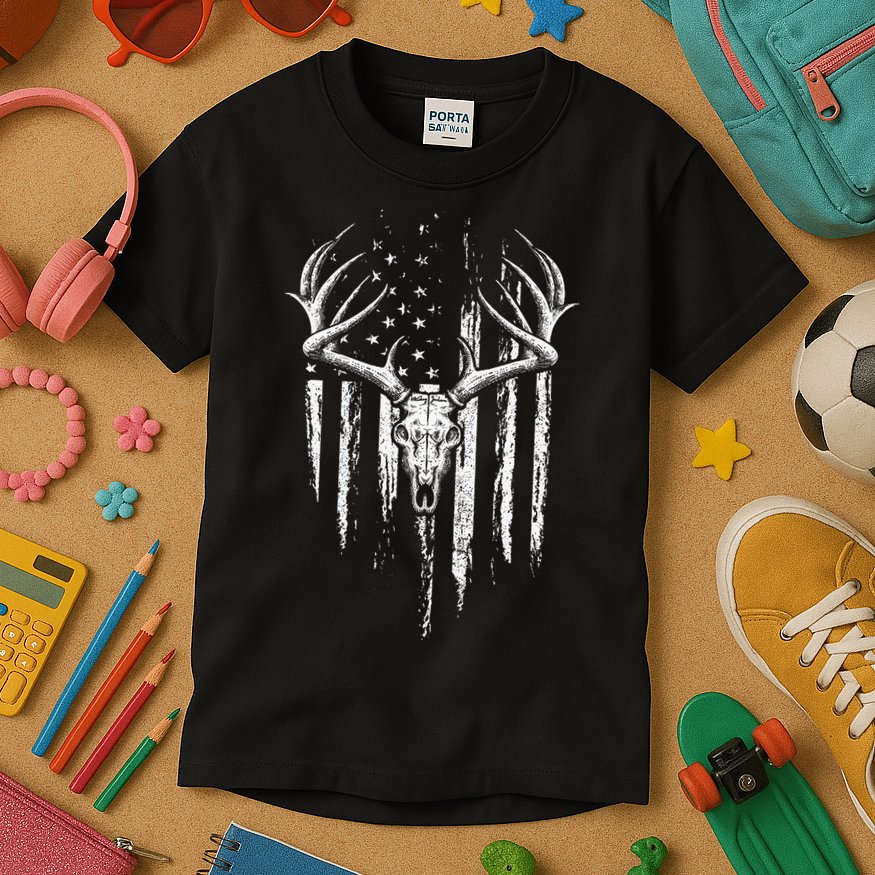 Deer Hunting American Flag Bowhunting Whitetail Bow Hunter Kids T-Shirt