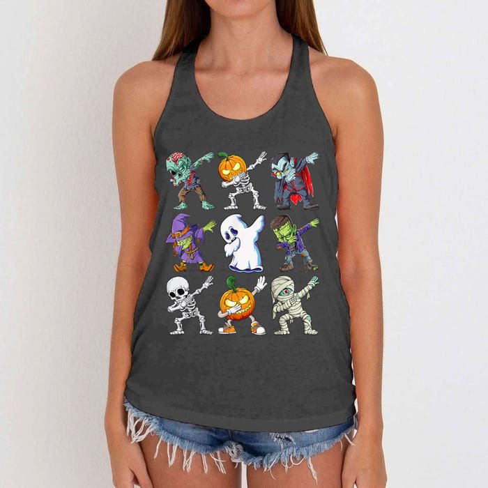 Dabbing Halloween Boys Skeleton Zombie Scary Pumpkin Mummy Women's Knotted Racerback Tank