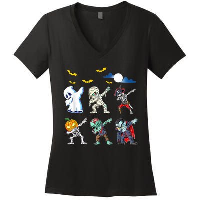 Dabbing Halloween Boys Skeleton Zombie Scary Pumpkin Mummy Women's V-Neck T-Shirt