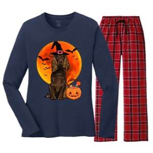 Dog Halloween Boykin Spaniel Jack O Lantern Pumpkin Women's Long Sleeve Flannel Pajama Set 