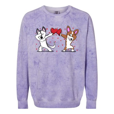 Dabbing Husky Corgi Dog Heart Valentines Day Gift Lovers Gift Colorblast Crewneck Sweatshirt