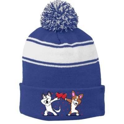 Dabbing Husky Corgi Dog Heart Valentines Day Gift Lovers Gift Stripe Pom Pom Beanie