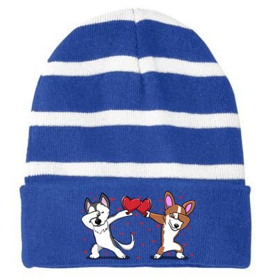 Dabbing Husky Corgi Dog Heart Valentines Day Gift Lovers Gift Striped Beanie with Solid Band