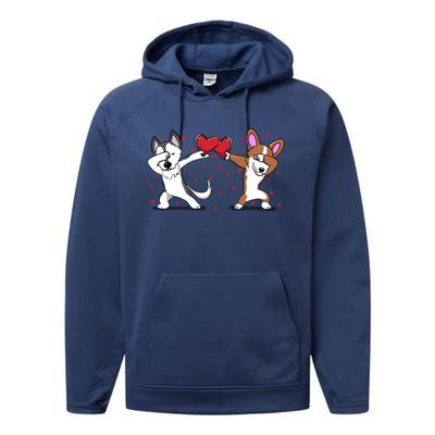 Dabbing Husky Corgi Dog Heart Valentines Day Gift Lovers Gift Performance Fleece Hoodie