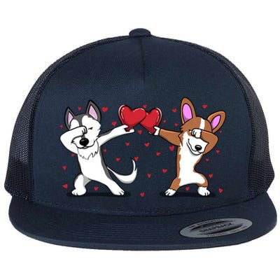 Dabbing Husky Corgi Dog Heart Valentines Day Gift Lovers Gift Flat Bill Trucker Hat