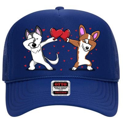 Dabbing Husky Corgi Dog Heart Valentines Day Gift Lovers Gift High Crown Mesh Back Trucker Hat