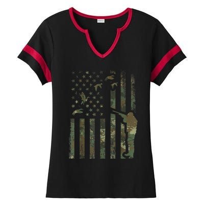 Duck Hunting Camo Men Camouflage Hunter American Flag Ladies Halftime Notch Neck Tee