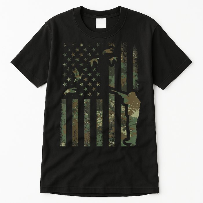 Duck Hunting Camo Men Camouflage Hunter American Flag Tall T-Shirt
