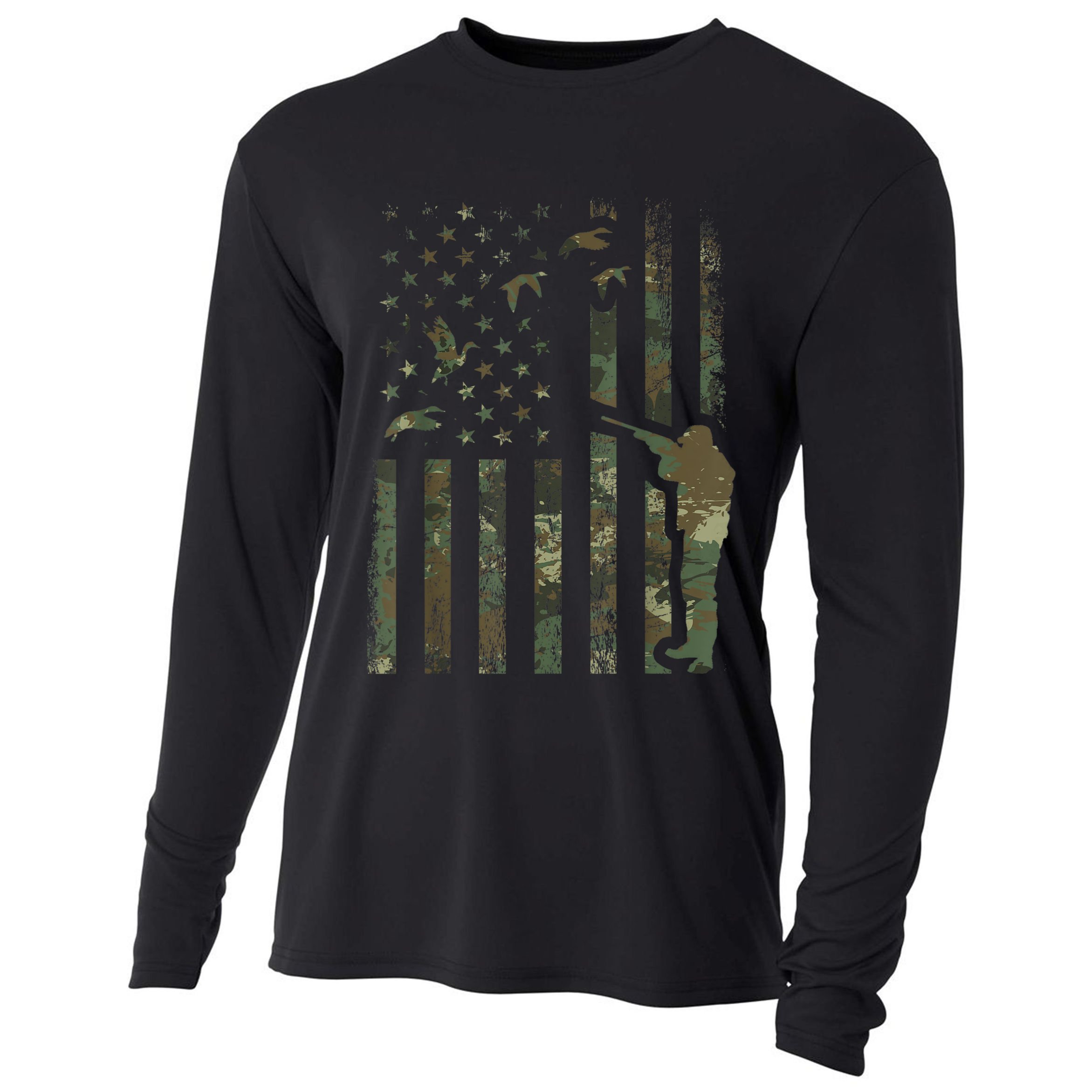 Duck Hunting Camo Men Camouflage Hunter American Flag Cooling Performance Long Sleeve Crew