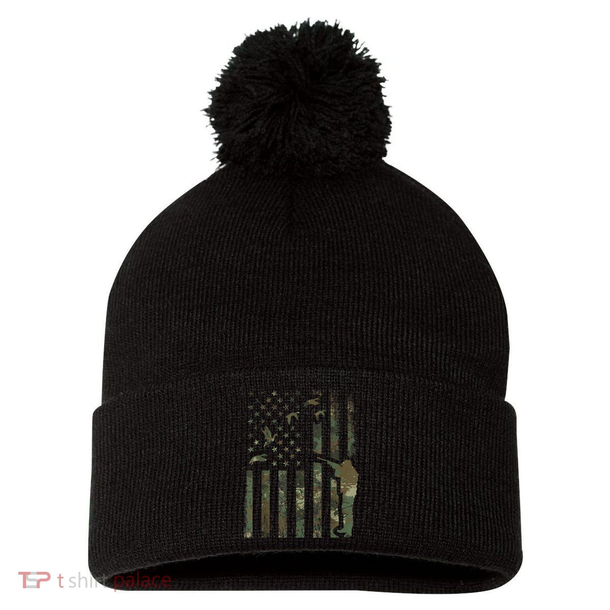 Duck Hunting Camo Men Camouflage Hunter American Flag Pom Pom 12in Knit Beanie