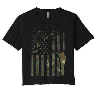 Duck Hunting Camo Men Camouflage Hunter American Flag Women's Crop Top Tee