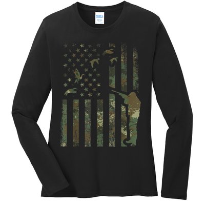 Duck Hunting Camo Men Camouflage Hunter American Flag Ladies Long Sleeve Shirt