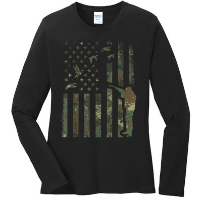 Duck Hunting Camo Men Camouflage Hunter American Flag Ladies Long Sleeve Shirt