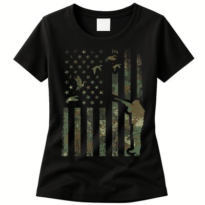 Duck Hunting Camo Men Camouflage Hunter American Flag Womens T-Shirt