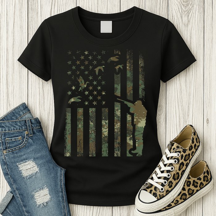Duck Hunting Camo Men Camouflage Hunter American Flag Womens T-Shirt