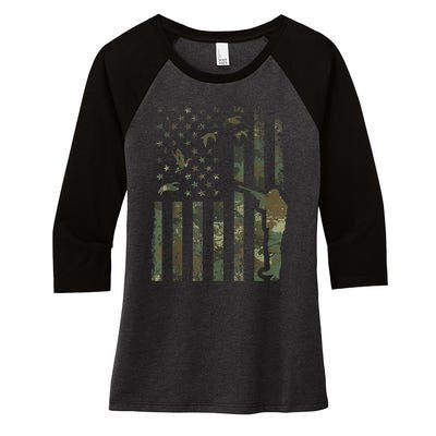 Duck Hunting Camo Men Camouflage Hunter American Flag Women's Tri-Blend 3/4-Sleeve Raglan Shirt