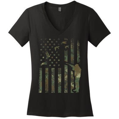 Duck Hunting Camo Men Camouflage Hunter American Flag Women's V-Neck T-Shirt