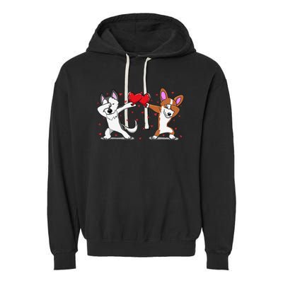 Dabbing Husky Corgi Heart Valentines Day Garment-Dyed Fleece Hoodie