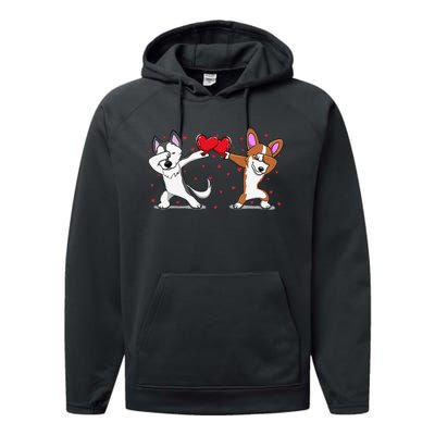 Dabbing Husky Corgi Heart Valentines Day Performance Fleece Hoodie