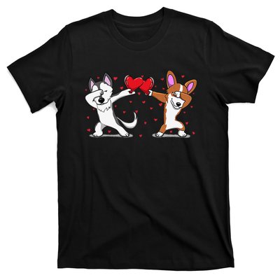 Dabbing Husky Corgi Heart Valentines Day T-Shirt