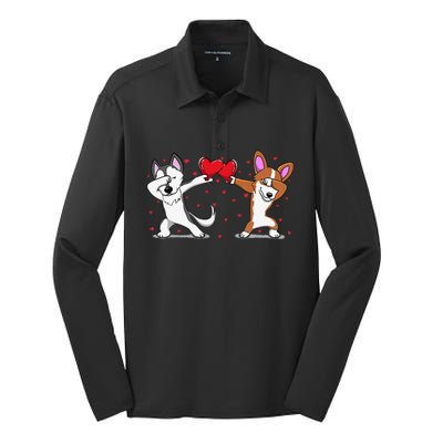 Dabbing Husky Corgi Heart Valentines Day Silk Touch Performance Long Sleeve Polo