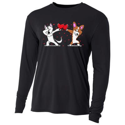 Dabbing Husky Corgi Heart Valentines Day Cooling Performance Long Sleeve Crew