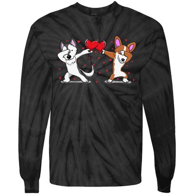 Dabbing Husky Corgi Heart Valentines Day Tie-Dye Long Sleeve Shirt