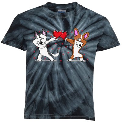 Dabbing Husky Corgi Heart Valentines Day Kids Tie-Dye T-Shirt