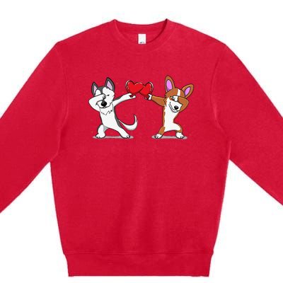 Dabbing Husky Corgi Heart Valentines Day Premium Crewneck Sweatshirt