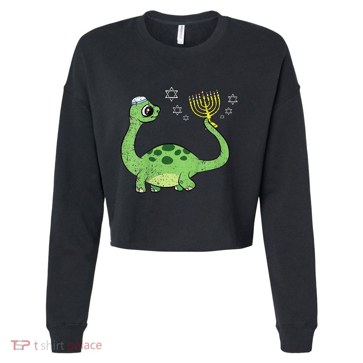 Dinosaur Hanukkah Chanukah Jewish Holiday Star Of David  Cropped Pullover Crew
