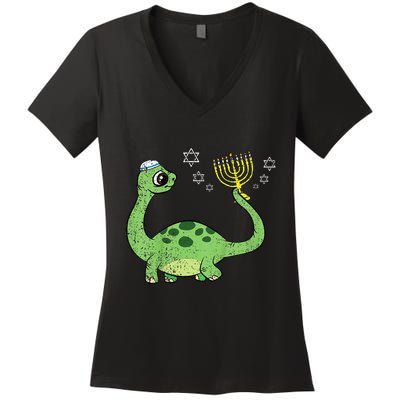 Dinosaur Hanukkah Chanukah Jewish Holiday Star Of David  Women's V-Neck T-Shirt