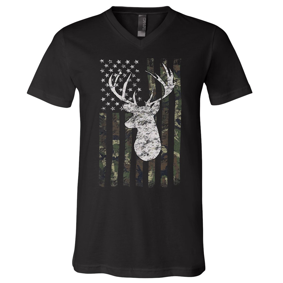Deer Hunting Camo American Flag V-Neck T-Shirt