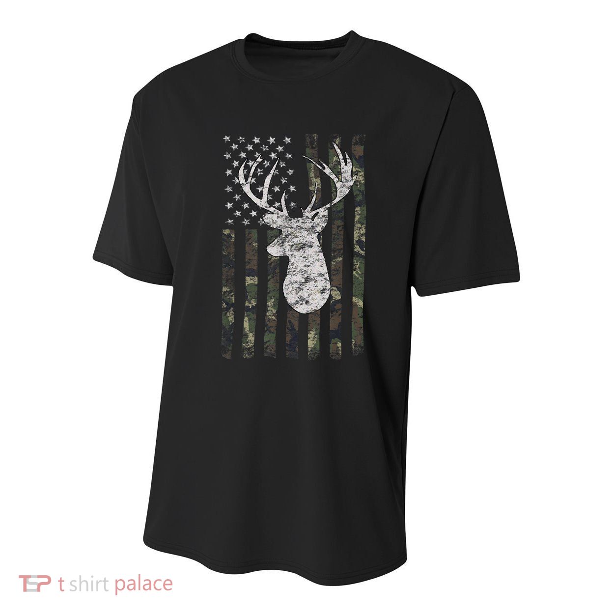 Deer Hunting Camo American Flag Youth Performance Sprint T-Shirt